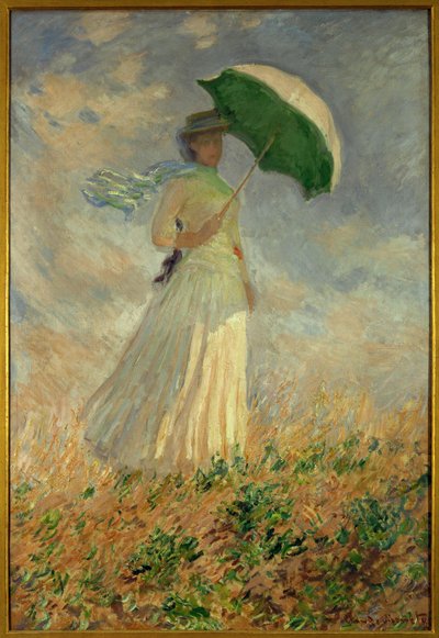 Vrouw met paraplu draait naar rechts ... (olieverf op doek) door Claude Monet