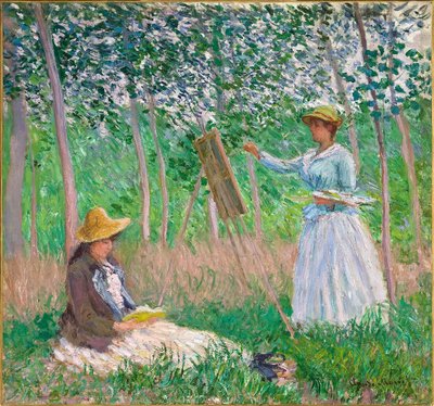 In het Bos bij Giverny - Blanche Hoschedé bij haar Ezelschilderij met Suzanne Hoschedé die Leest door Claude Monet