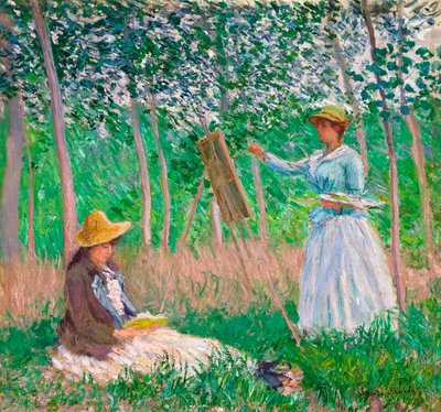 In het Bos bij Giverny: Blanche Hoschedé bij haar Ezeltje met Suzanne Hoschedé Lezend, 1887 door Claude Monet