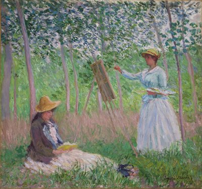 In het bos bij Giverny: Blanche Hoschede aan haar ezel met Suzanne Hoschede lezend, 1887 door Claude Monet