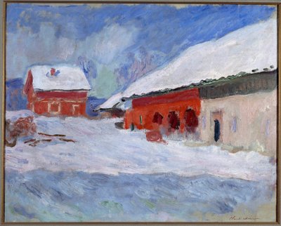 Landschap van Noorwegen, Huizen onder de sneeuw door Claude Monet