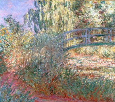 De vijver met waterlelies en pad langs het water door Claude Monet