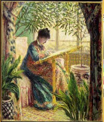 Madame Monet Borduurt (Camille au Metier) 1875 door Claude Monet