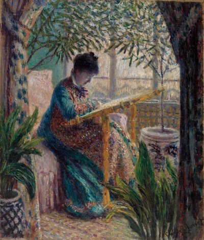 Madame Monet borduurt door Claude Monet