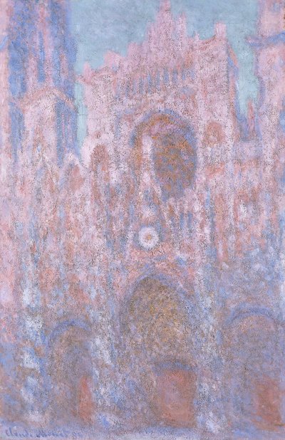 Kathedraal van Rouen: ondergaande zon symfonie in grijs en roze door Claude Monet