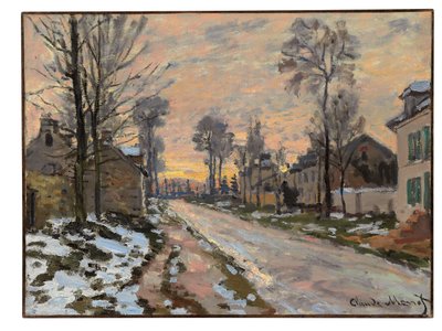 Route naar Louveciennes, smeltende sneeuw, ondergaande zon, ca. 1869-70 door Claude Monet