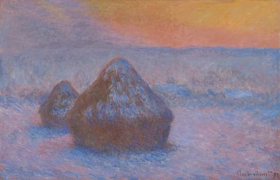 Stapel Graan Zonsondergang, Sneeuweffect door Claude Monet