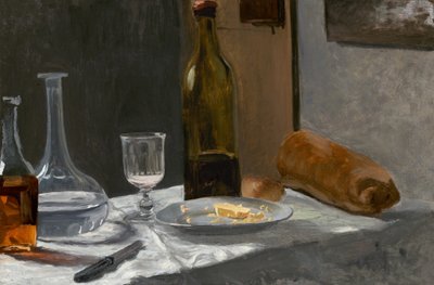 Stilleven met Fles, Karaf, Brood en Wijn, ca. 1862-1863 door Claude Monet