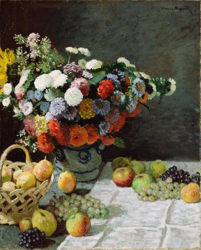 Stilleven met bloemen en fruit door Claude Monet