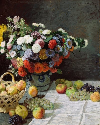 Stilleven met bloemen en fruit. 1869 door Claude Monet