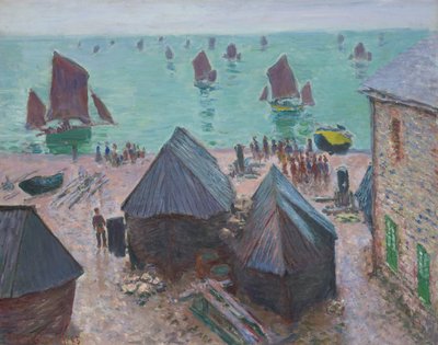 Het vertrek van de boten, Étretat door Claude Monet