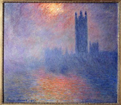 Het Parlement van Londen, met de zon die door de mist breekt door Claude Monet