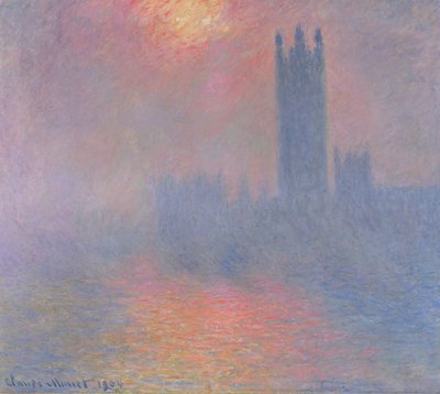 Het Parlement, Londen, met de zon die door de mist breekt door Claude Monet