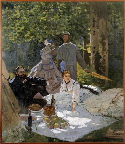 Het ontbijt op het gras (portret van Frederic Bazille in het midden, Camille Doncieux en Gustave Courbet links) door Claude Monet