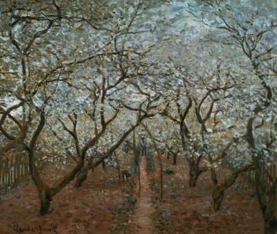 Boomgaard in bloei, Vétheuil door Claude Monet