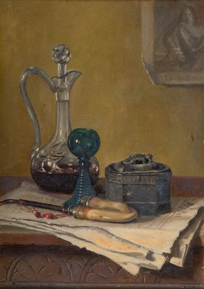 Stilleven van krant, pijp, karaf en pot, 1887 door Claude Pratt
