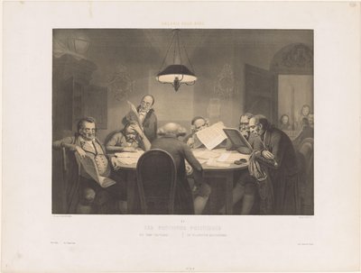 Lezende mannen rond een tafel door Claude Thielley