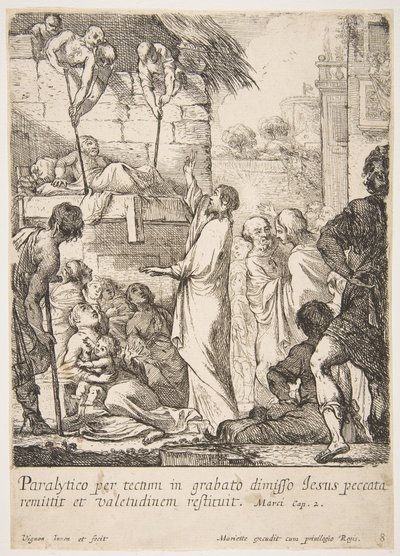 Genezing van de verlamde, Jezus-Christus bewijst door een verlamde te genezen dat hij de macht heeft om... door Claude Vignon