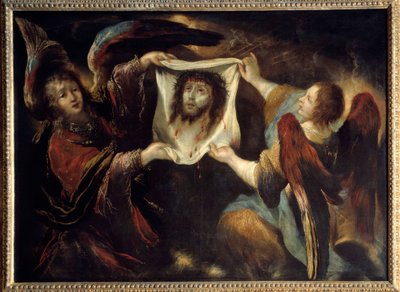 Twee engelen presenteren het heilige gezicht van Christus op het linnen van Sint Veronica door Claude Vignon