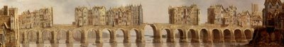 Detail van de oude London Bridge op een schilderij uit 1632 (detail) door Claude de Jongh