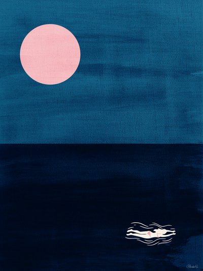 Midnight Swim Pink Moon – Abstracte kunstprint met oceaanthema door Claudia Spano'