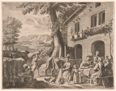 Een boer aan tafel met zijn gezin, plaat 13 uit Pastorales door Claudine Bouzonnet Stella