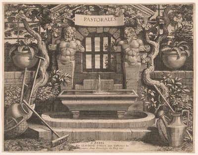 Titelplaat met rustieke fonteinen en toewijding, uit Pastorales door Claudine Bouzonnet Stella