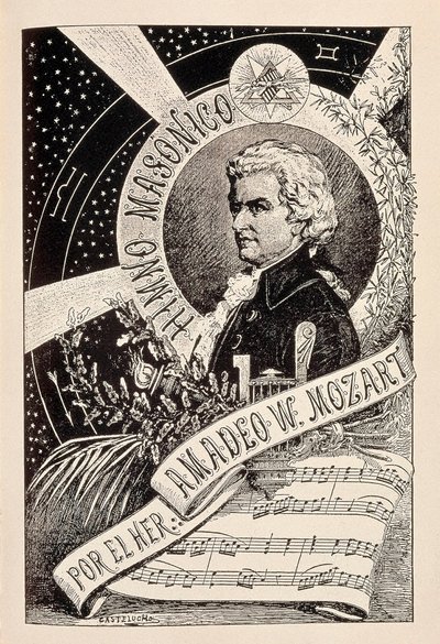 Afbeelding van de Oostenrijkse componist Wolfgang Amadeus Mozart (1756-1791), een vrijmetselaar geassocieerd met het Encyclopedisch Woordenboek van de Vrijmetselarij, eind 19e - begin 20e eeuw (gravure) door Claudio Castelucho