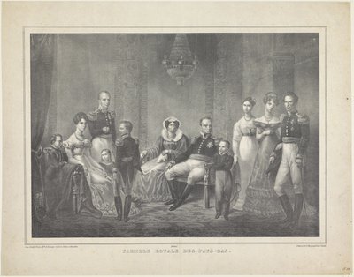 Familieportret van Willem I Frederik, koning der Nederlanden, Wilhelmina van Pruisen, hun zoons met echtgenotes, hun dochter en vier kleinkinderen door Claudio Linati