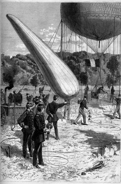 Militaire aerostaten: telefonische ervaringen in de vestiging van Meudon. Gravure door Claverie in "Le Monde Illustré" nr. 1331 van 30 september door Claverie