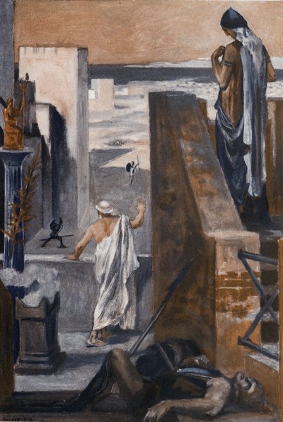 Hectors ouders smeken hem om het gevecht te vermijden. Illustratie door Clement Gontier (1876-1918) voor Homeros