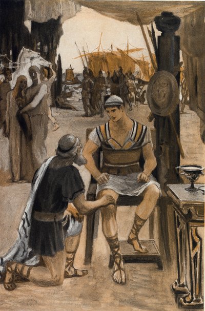 Priamus koopt het lichaam van zijn zoon (Hector) terug van Achilles. Illustratie door Clement Gontier (1876-1918) voor Homeros