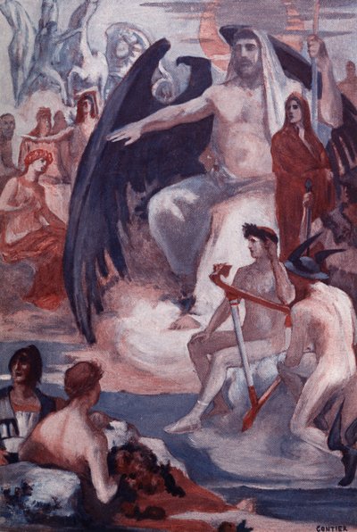 De verdediging van Jupiter om de Trojanen of Grieken te redden. Illustratie door Clement Gontier (1876-1918) voor Homeros