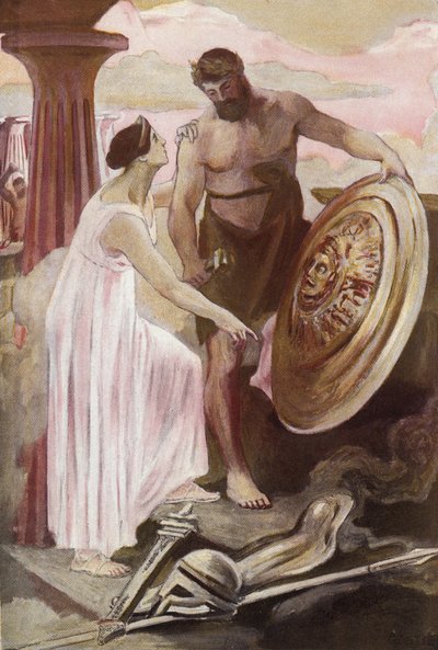 Het schild van Achilles gemaakt door Vulcanus. Illustratie door Clement Gontier (1876-1918) voor Homeros