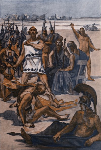 Thersites wordt geslagen door Odysseus. Illustratie door Clement Gontier voor Homeros