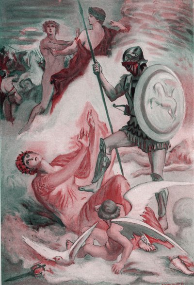 Venus werd gewond door Diomedes terwijl ze haar zoon Eneas probeerde te redden. Illustratie door Clement Gontier (1876-1918) voor Homeros