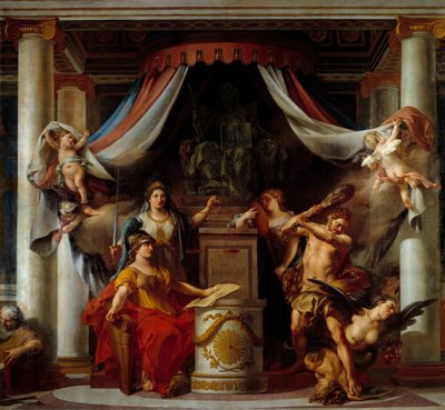 Allegorie van de Revolutie: in het midden overhandigt Minerva Hercules het decreet dat de ondeugden van het Ancien regime afschaft door Clement Louis Marie Anne Belle