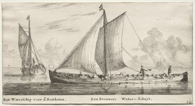 Verschillende schepen en uitzichten van Amsterdam, deel II: Een waterschip op weg naar de Soutketen. Een brouwerswaterschip door Clement de Jonghe