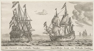 Verschillende schepen en uitzichten van Amsterdam (Verscheÿde Schepen en Gesichten van Amstelredam), Deel II: De Parel en Oost-Indiëvaarder, De Dubbele Adelaar, een West-Indiëvaarder door Clement de Jonghe