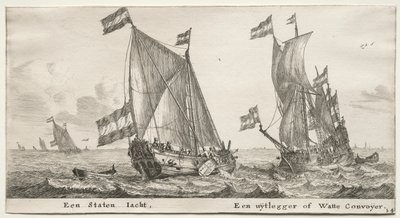 Verschillende schepen en uitzichten van Amsterdam, Deel II: Nederlandse Admiraliteitsjacht. Een Wachtschip door Clement de Jonghe