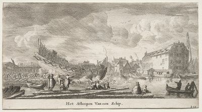 Verschillende Schepen en Zichten van Amsterdam, Deel II: Te Water Laten van een Schip door Clement de Jonghe