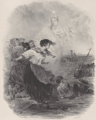Vrouw bij de zee met de Madonna, wijzend naar een schip, ca. 1848-62 door Célestin Nanteuil