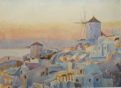 Santorini Oia – Zonsondergang, Verlichtingstijd, 2019 door Clive Wilson