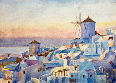 Santorini Oia - zonsondergang, verlichtingstijd, 2018 (aquarel) door Clive Wilson