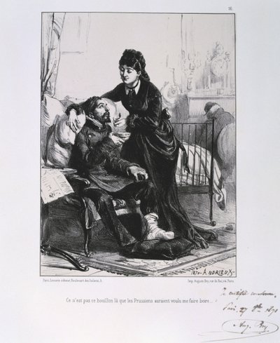 Frans-Pruisische Oorlog 1870-1871: Een gewonde soldaat wordt verzorgd en gevoed. Uit een serie lithografieën door Clement August Andrieux over de Gardes Nationales. door Clément Auguste Andrieux