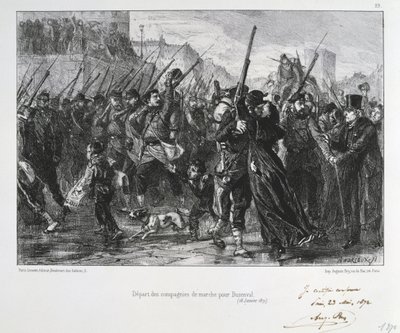 Frans-Duitse Oorlog 1870-1871: Slag bij Buzenval (Mont Valérien) nabij Versailles 19 jan 1871. Nationale Garde marcheert naar de slag en nederlaag. Uit een serie lithografieën door Clément Auguste Andrieux over de Nationale Gardes. door Clément Auguste Andrieux