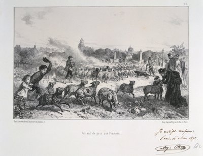 Frans-Duitse Oorlog 1870-1871: Het wegdrijven van een kudde schapen om te voorkomen dat ze in handen van de Pruisen vallen. Uit een serie litho