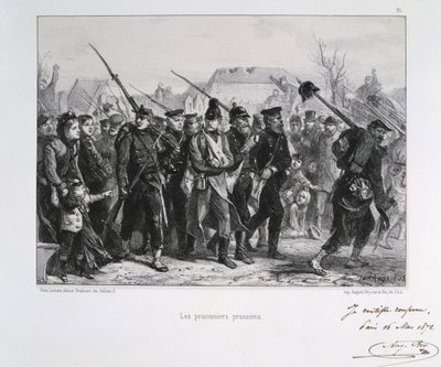 Frans-Pruisische Oorlog 1870-1871: Pruisische krijgsgevangenen. Uit een serie lithografieën door Clement August Andrieux over de Gardes Nationales. door Clément Auguste Andrieux