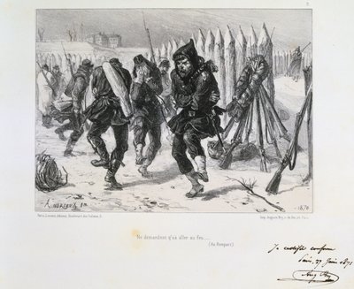 Frans-Pruisische Oorlog 1870-1871. Beleg van Parijs 19 sept 1870-28 jan 1871. Soldaten op de wallen springen rond om warm te blijven. Uit een serie lithografieën door Clement August Andrieux over de Gardes Nationales. door Clément Auguste Andrieux