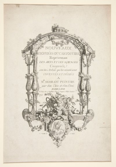 Titelpagina van Nouveaux Trophees ou cartouches representant les arts et les sciences door Clément Pierre Marillier
